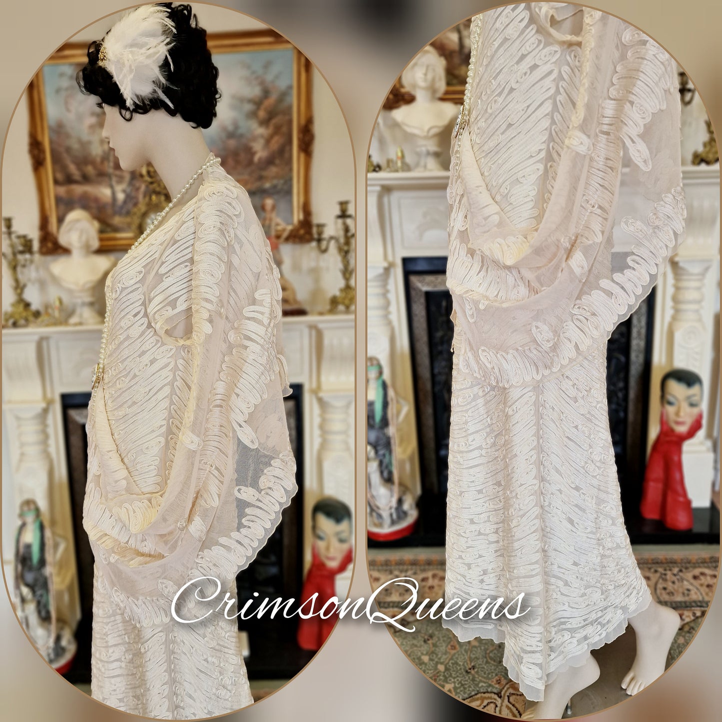 Art Deco vintage Downton Abbey 1920s bride cream wedding bridal all dress 1930s Great Gatsby charleston size UK 810 US 6