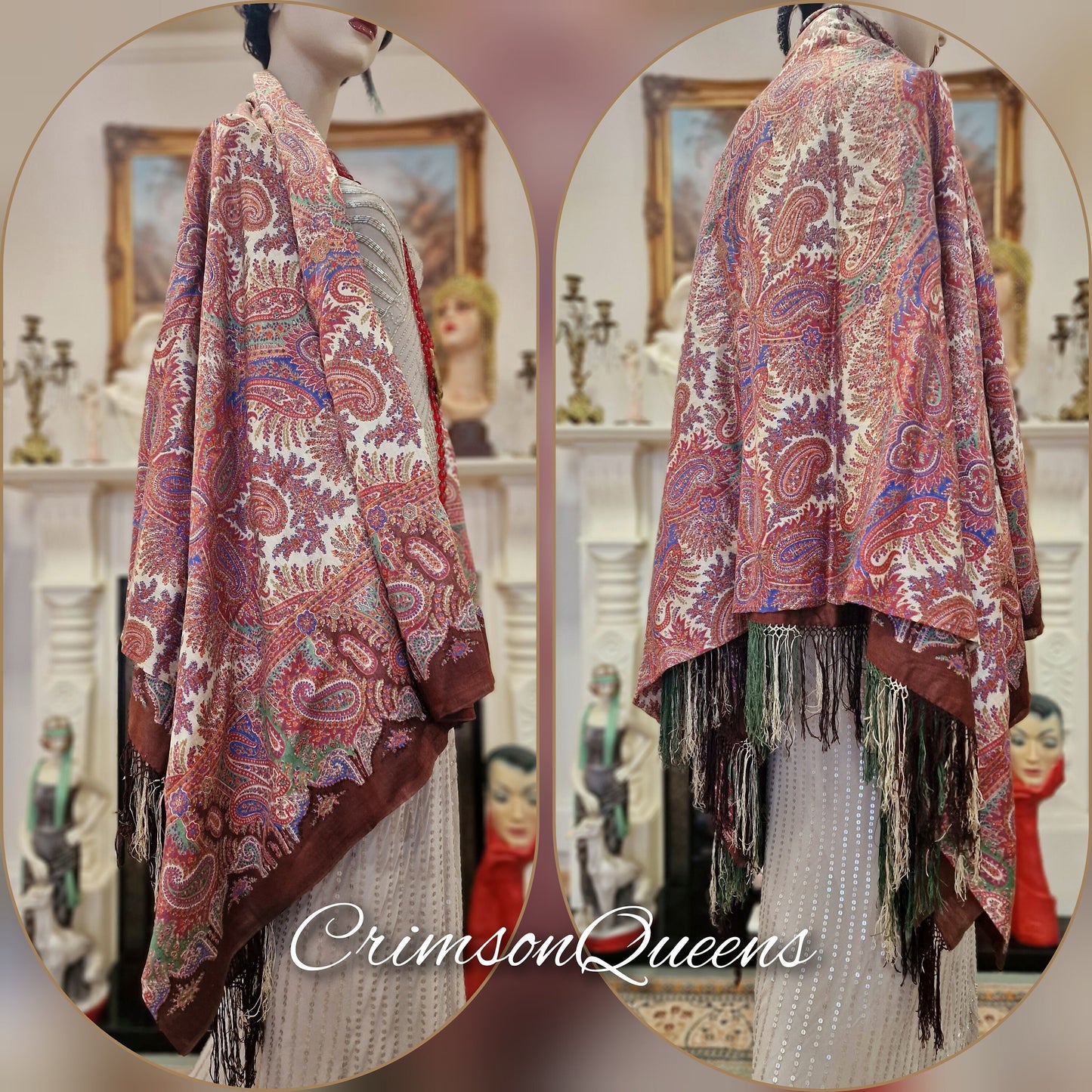 Vintage burgundy red oriental paisley extra large Art Deco silk statement duster 1920s piano flapper wrap shawl with tassels