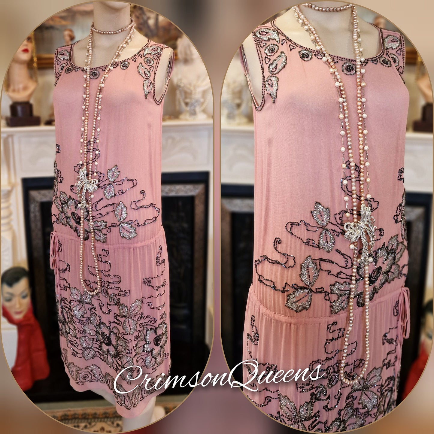 Vintage Great Gatsby pale pink beaded flapper style dress ensemble with sequined coat duster1920s beaded embellished dress UK 10 US 6