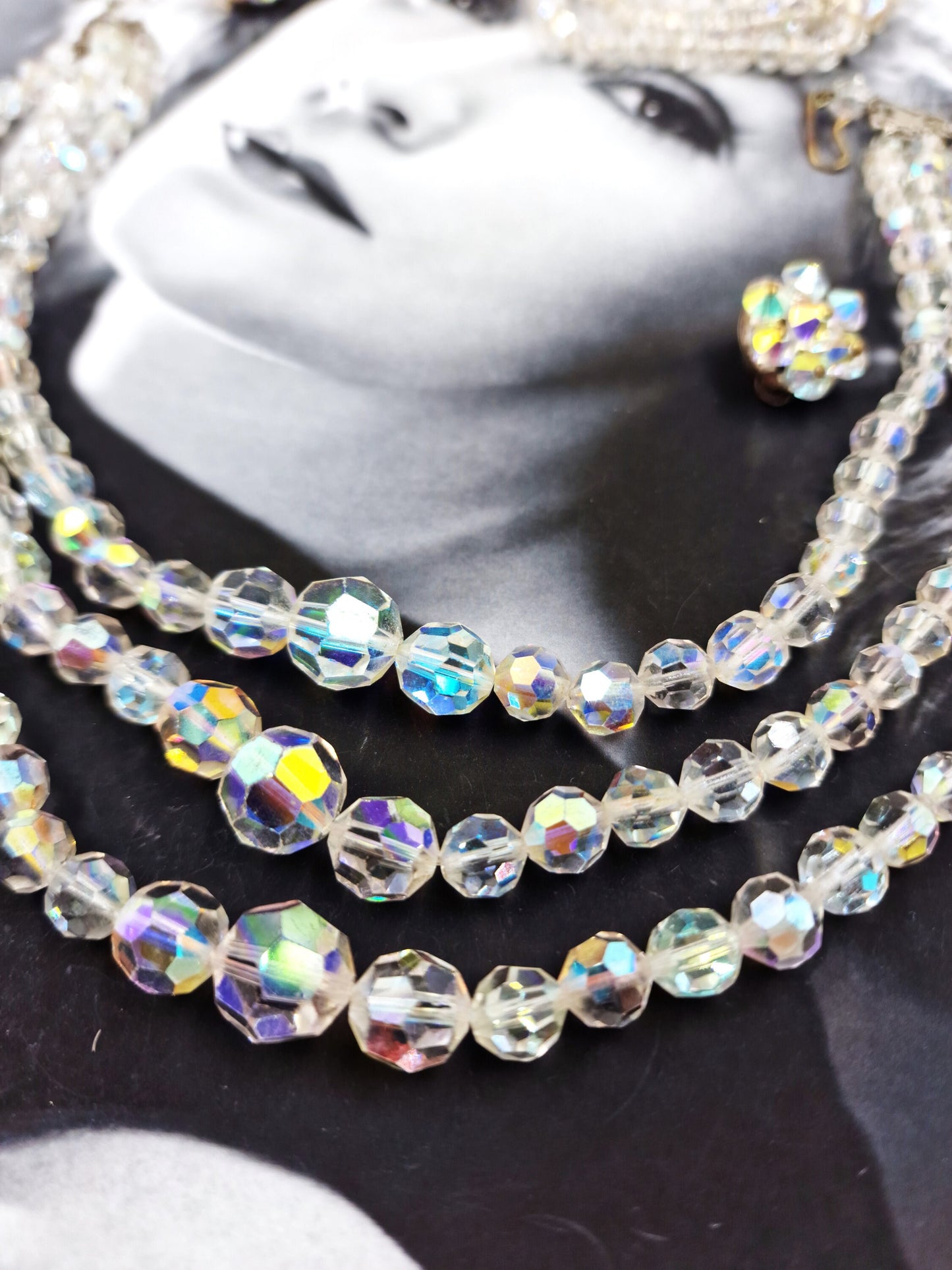 Stunning aurora borealis vintage Art Deco necklace with matching triple row bracelet and clip on earinggs, quality pieces