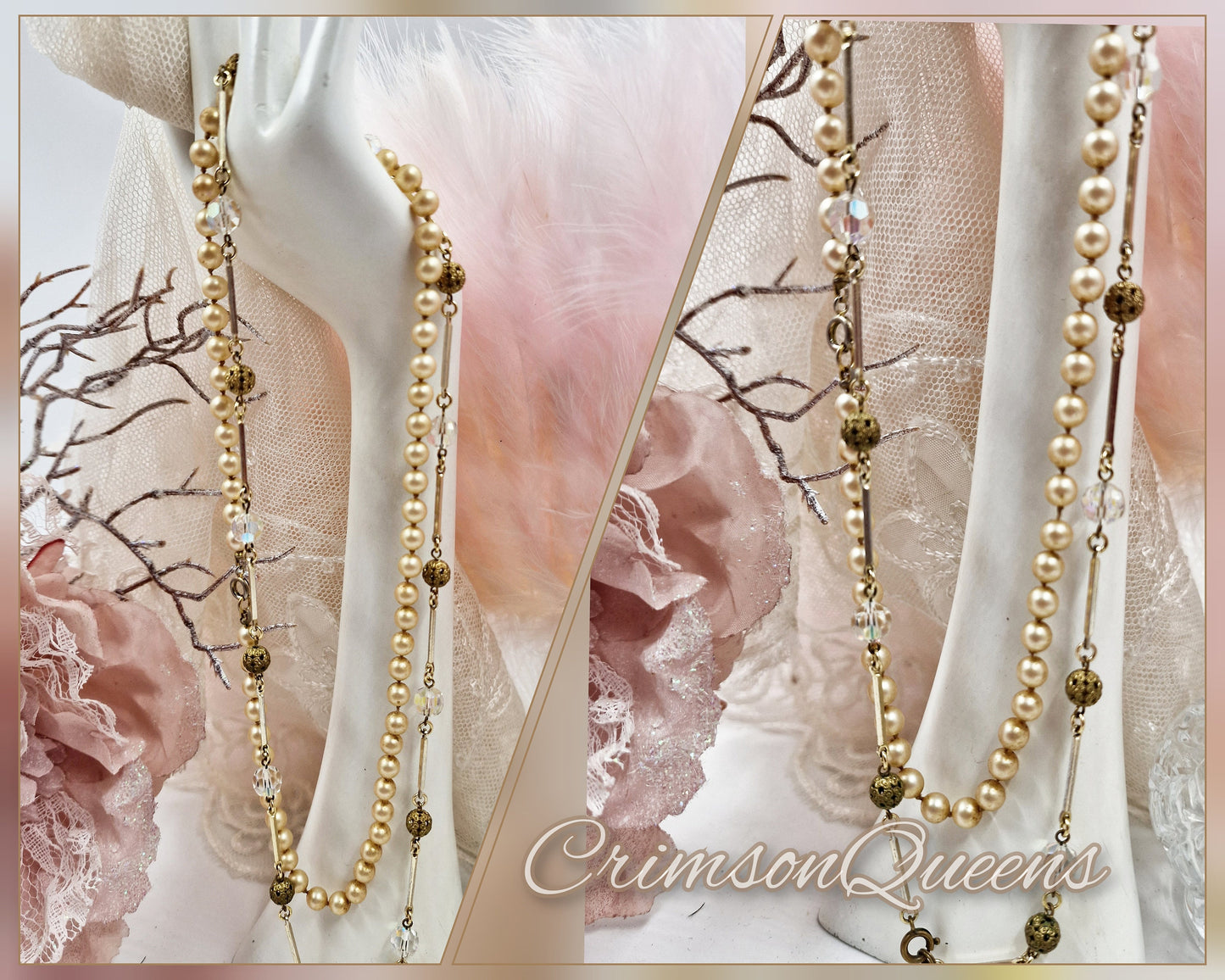 Stunning cut crystals glass necklace together with antique white glass simulated pearl necklace