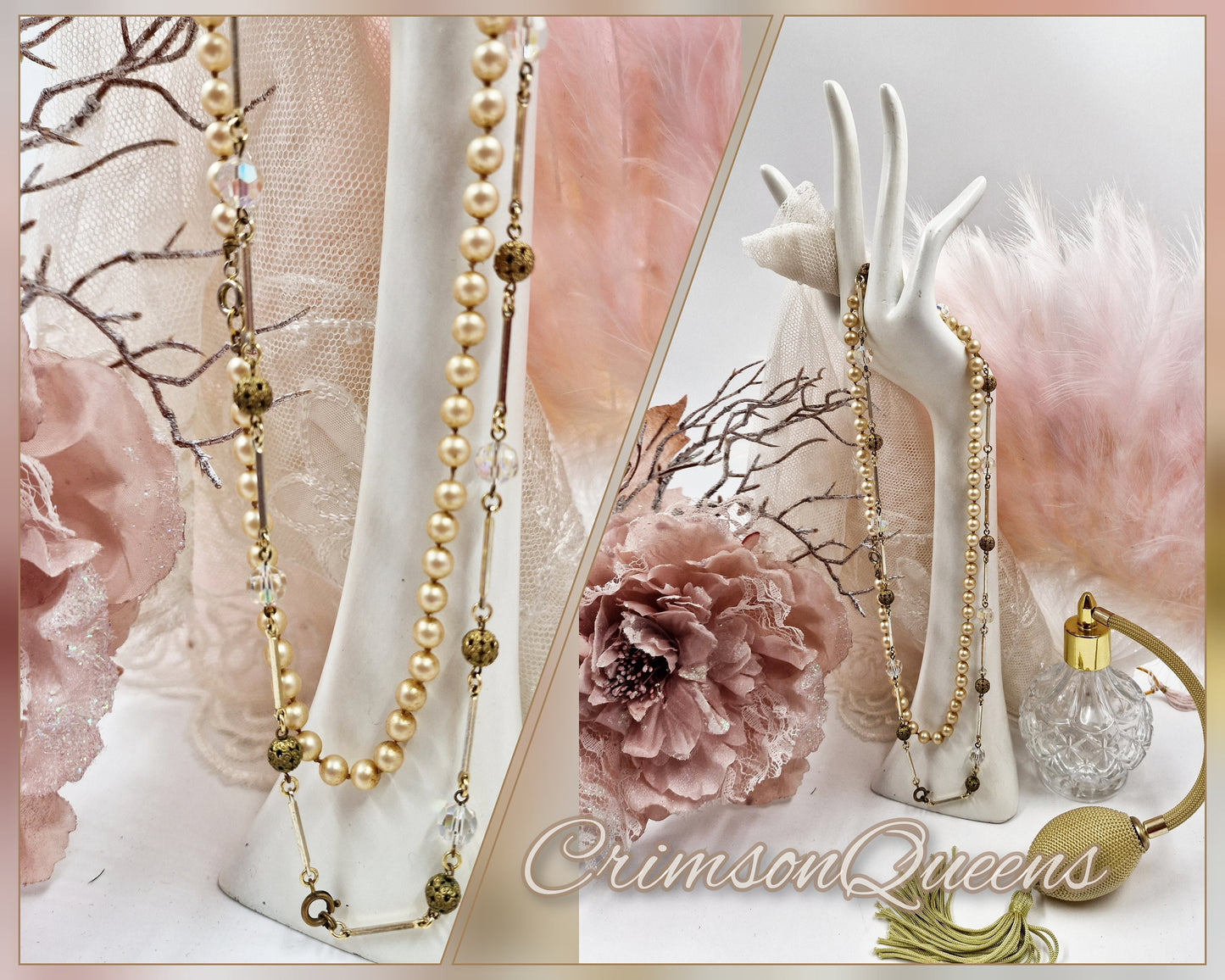 Stunning cut crystals glass necklace together with antique white glass simulated pearl necklace