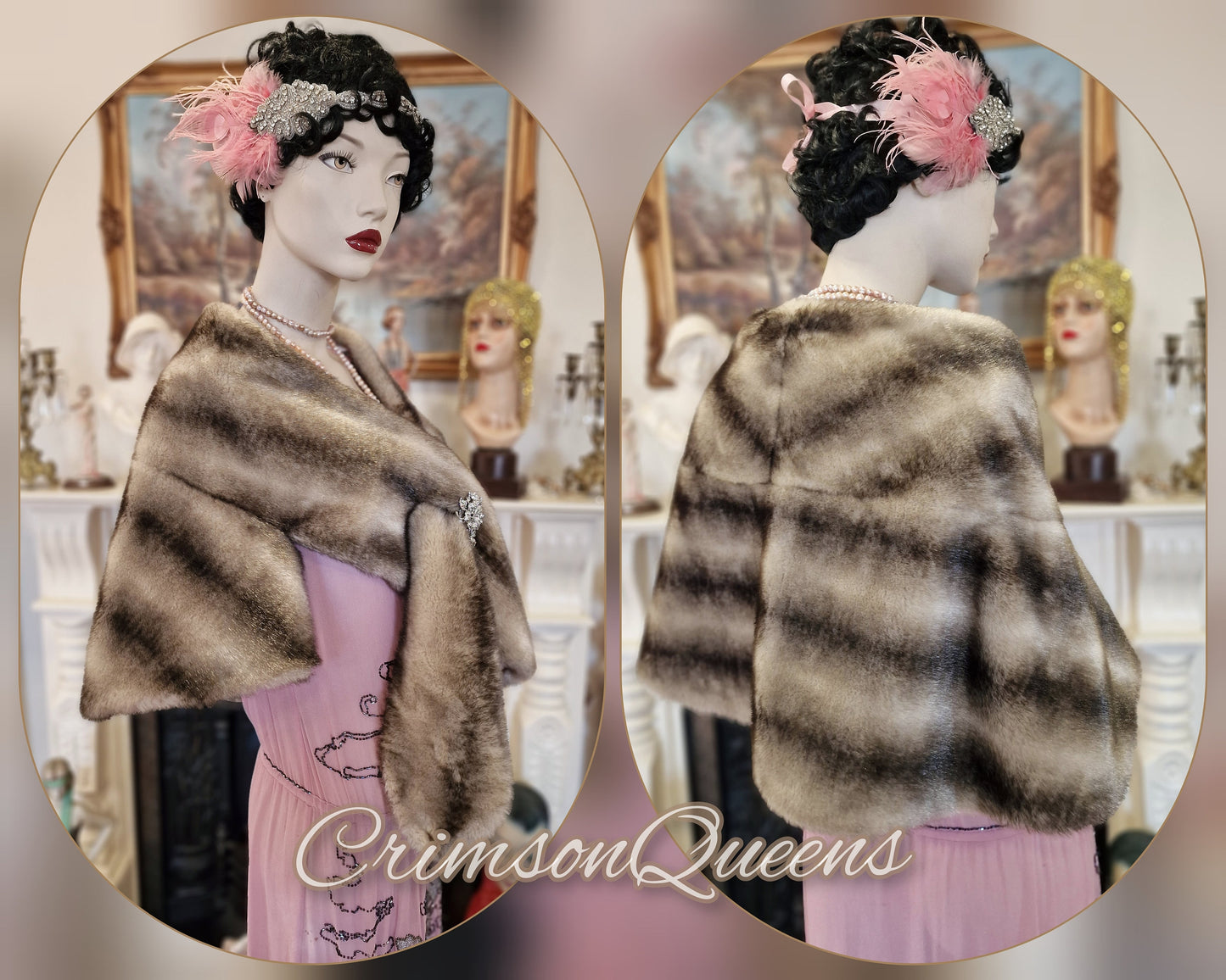 vintage flapper 1920s Downton Abbey vintage gold brown dark cocktail evening faux fur evening outwear