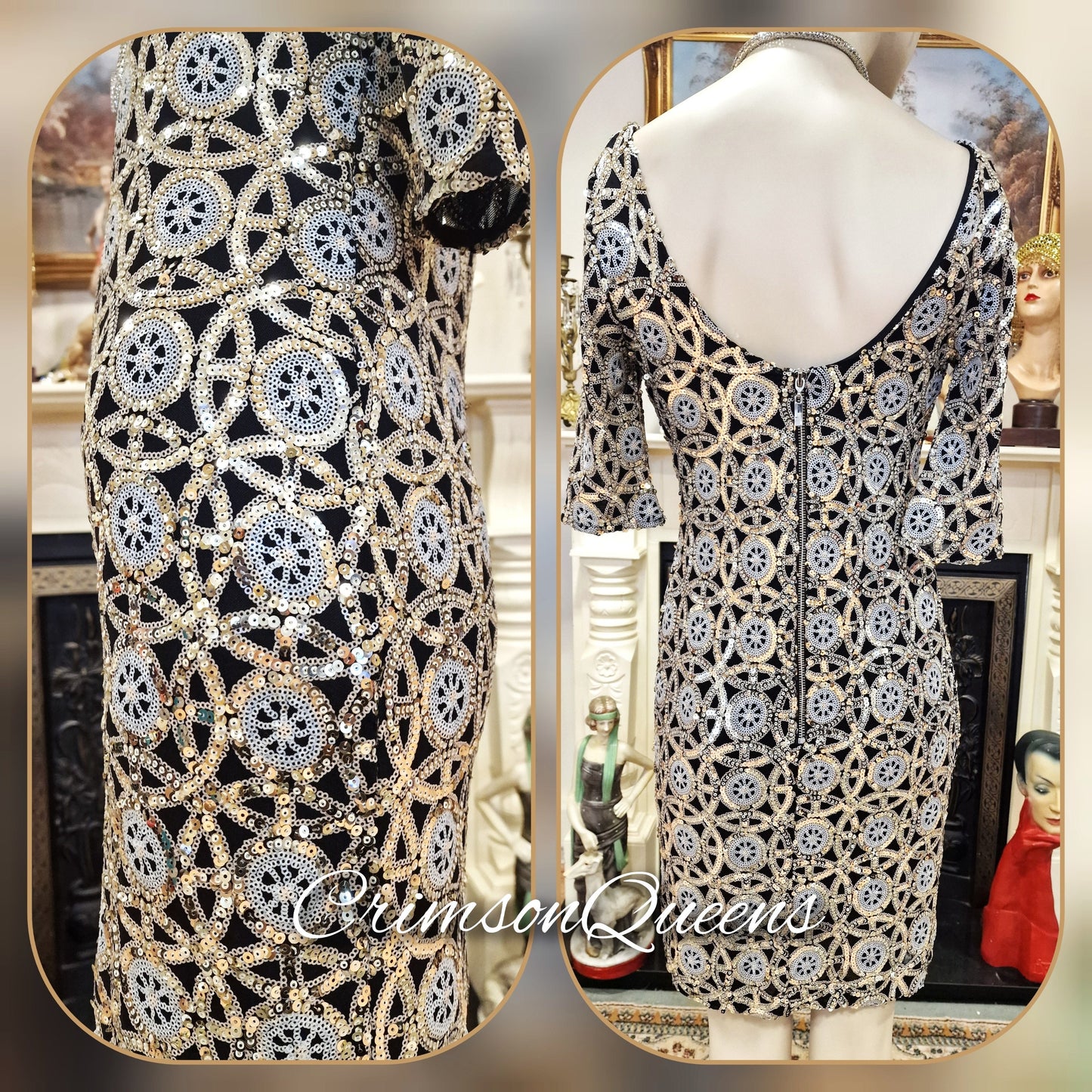 1920s vintage Downton Abbey flapper sequinned mesh silver sparkly bohemian coat kimono duster dress size S UK 8 US 4