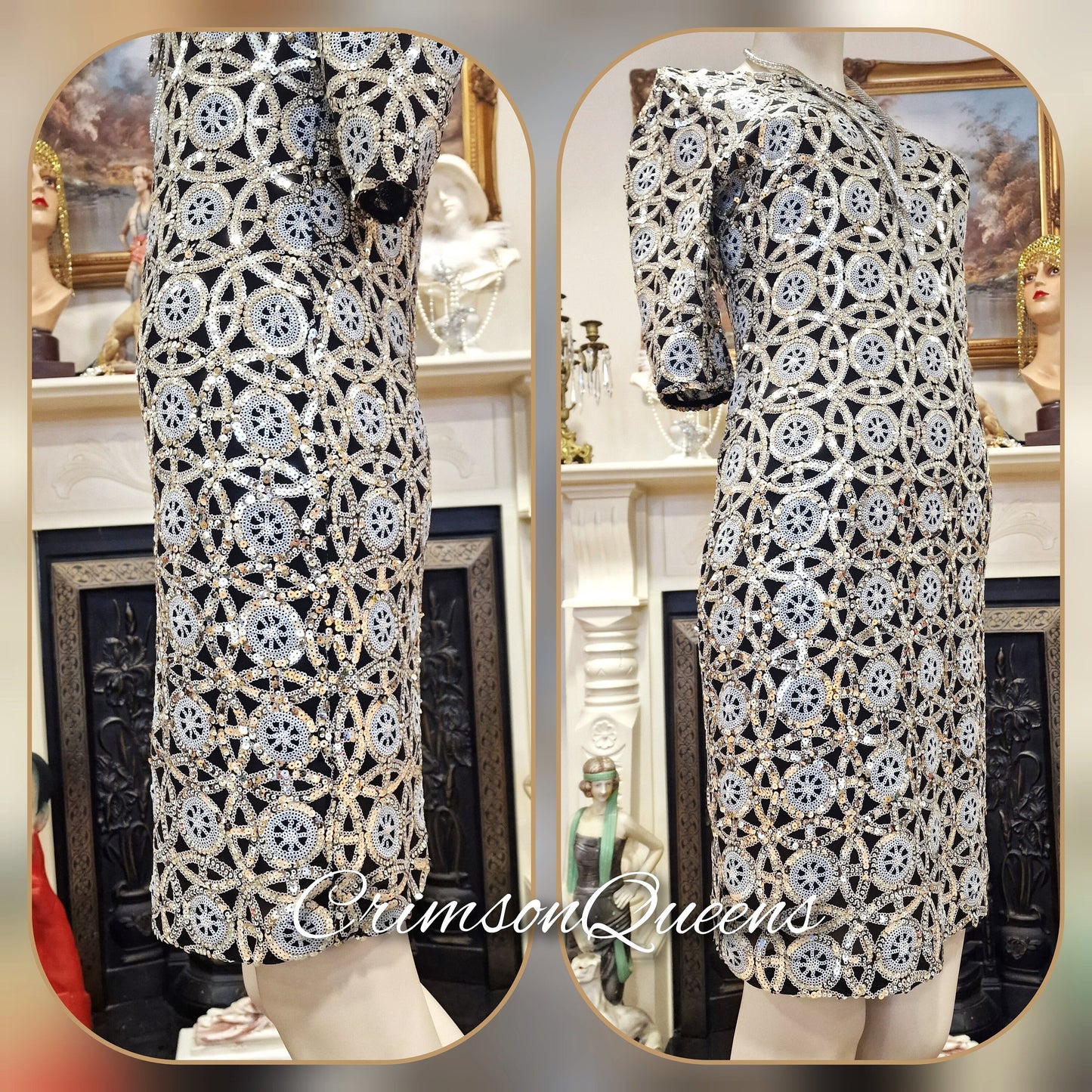 1920s vintage Downton Abbey flapper sequinned mesh silver sparkly bohemian coat kimono duster dress size S UK 8 US 4