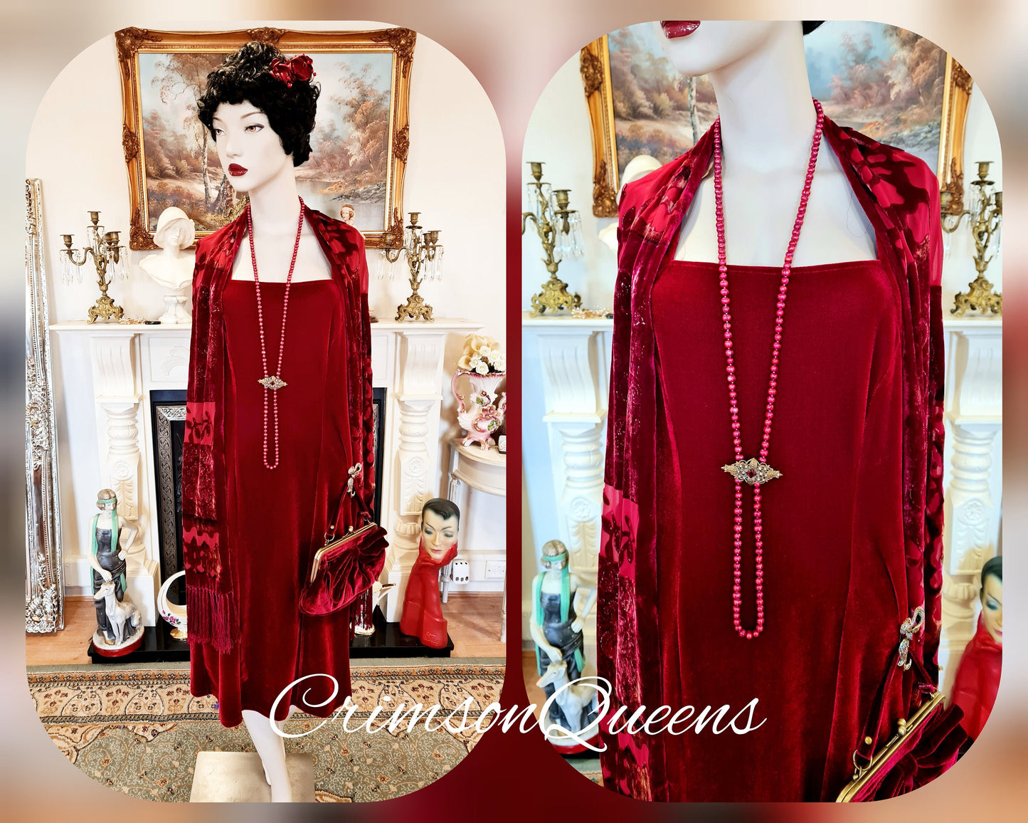 Art Deco romantic Downton Abbey vintage scarlet red velvet silk devore cocktail evening dress ensemble  6 elements size UK 12 US 8