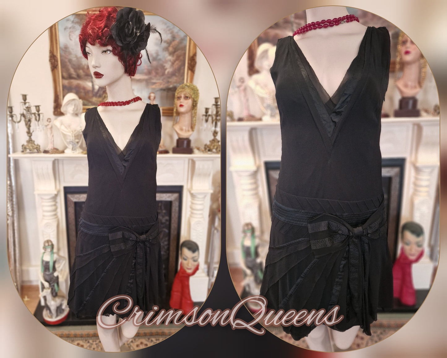 Vintage little black Flapper dress Great Gatsby dress 1920s dress Art Deco silk mesh dress 1920s dress Size UK 8 US 4