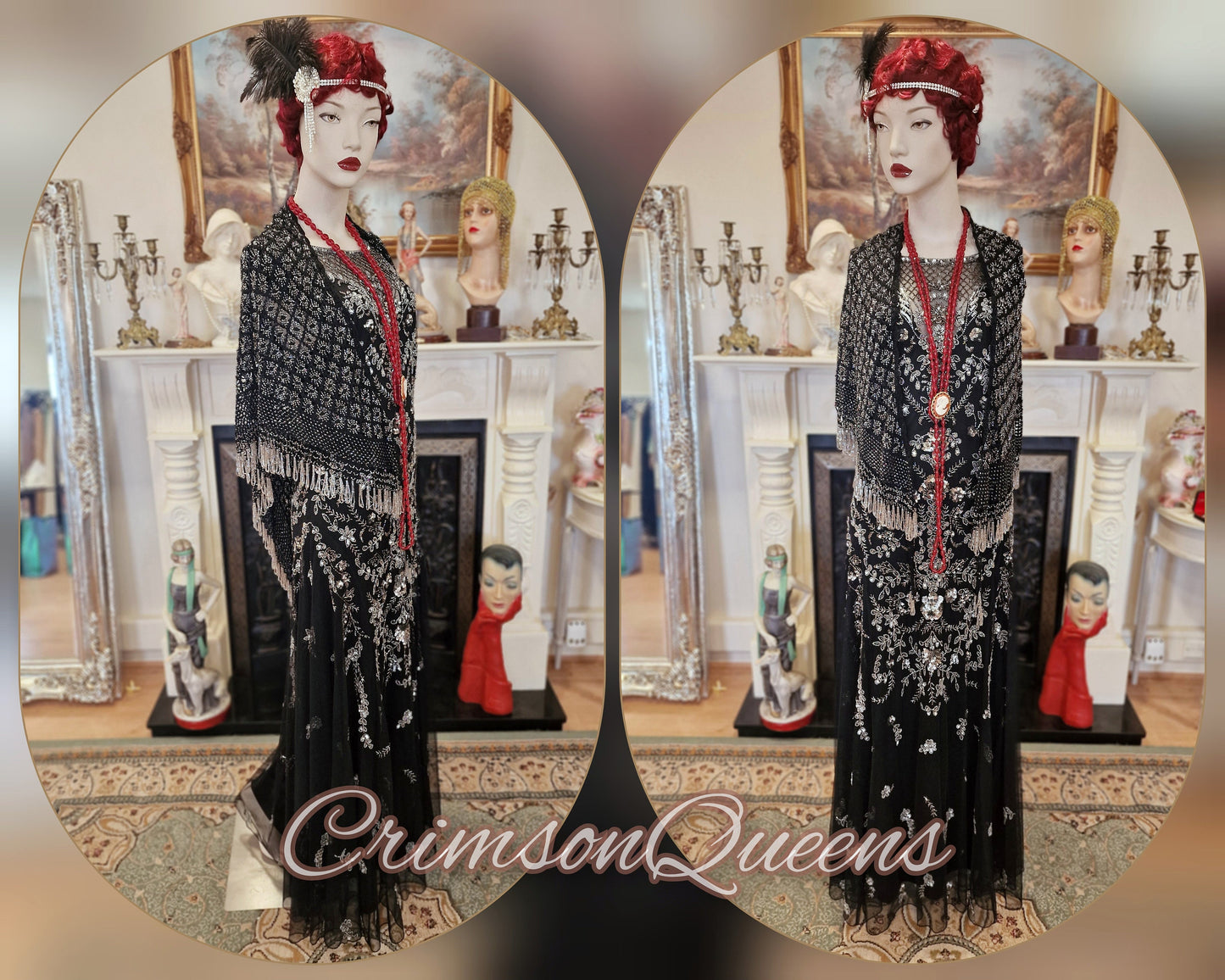 Vintage 1920s heavily sequinned Art Deco Downton Abbey flapper Charleston Jazz era prohibition evening black dress size Uk 12 US 8