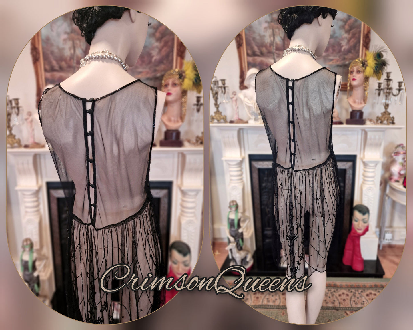Vintage Downton Abbey Great Gatsby black beaded sheer mesh dress 1920s flapper ensemble with Art Deco lace duster size UK 10 12 US 6 8