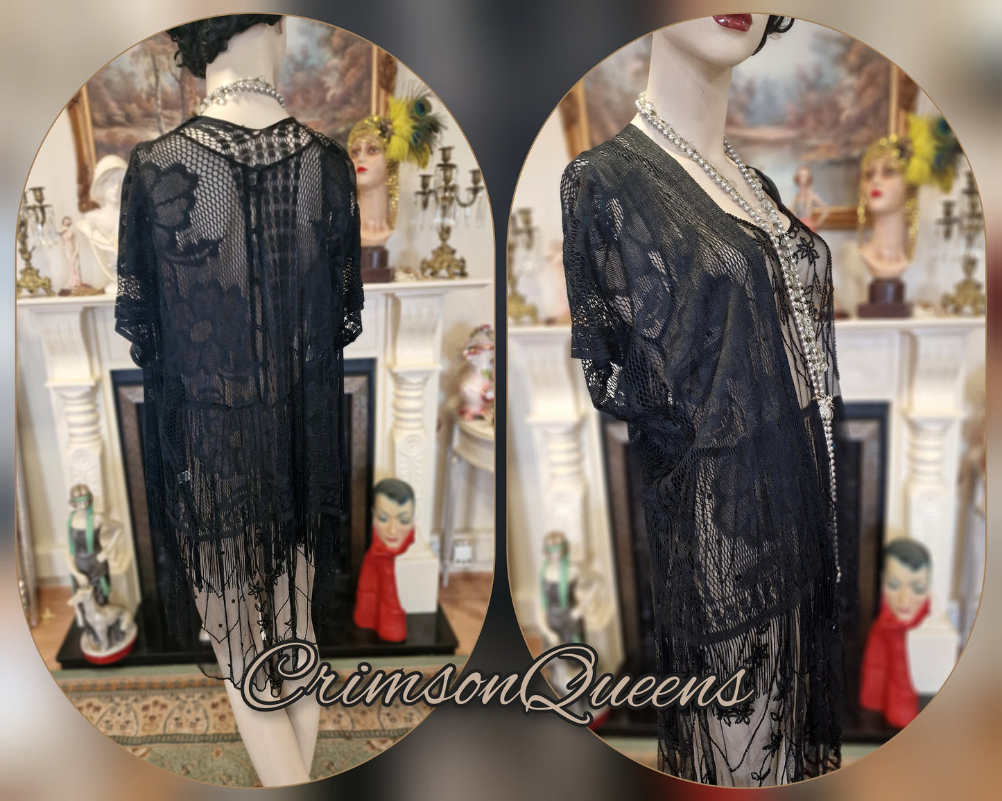 Vintage Downton Abbey Great Gatsby black beaded sheer mesh dress 1920s flapper ensemble with Art Deco lace duster size UK 10 12 US 6 8
