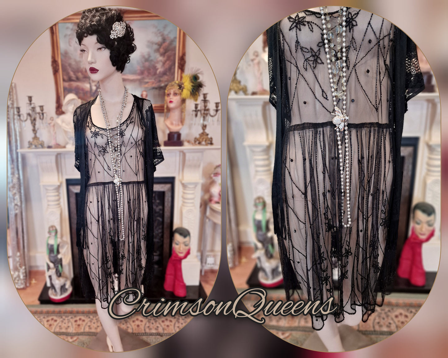 Vintage Downton Abbey Great Gatsby black beaded sheer mesh dress 1920s flapper ensemble with Art Deco lace duster size UK 10 12 US 6 8
