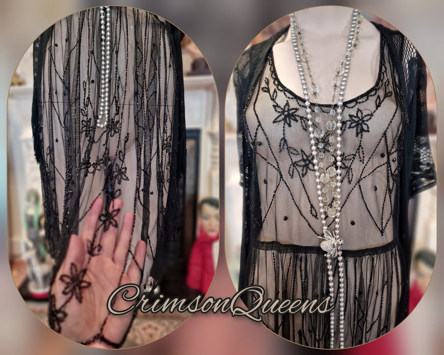 Vintage Downton Abbey Great Gatsby black beaded sheer mesh dress 1920s flapper ensemble with Art Deco lace duster size UK 10 12 US 6 8