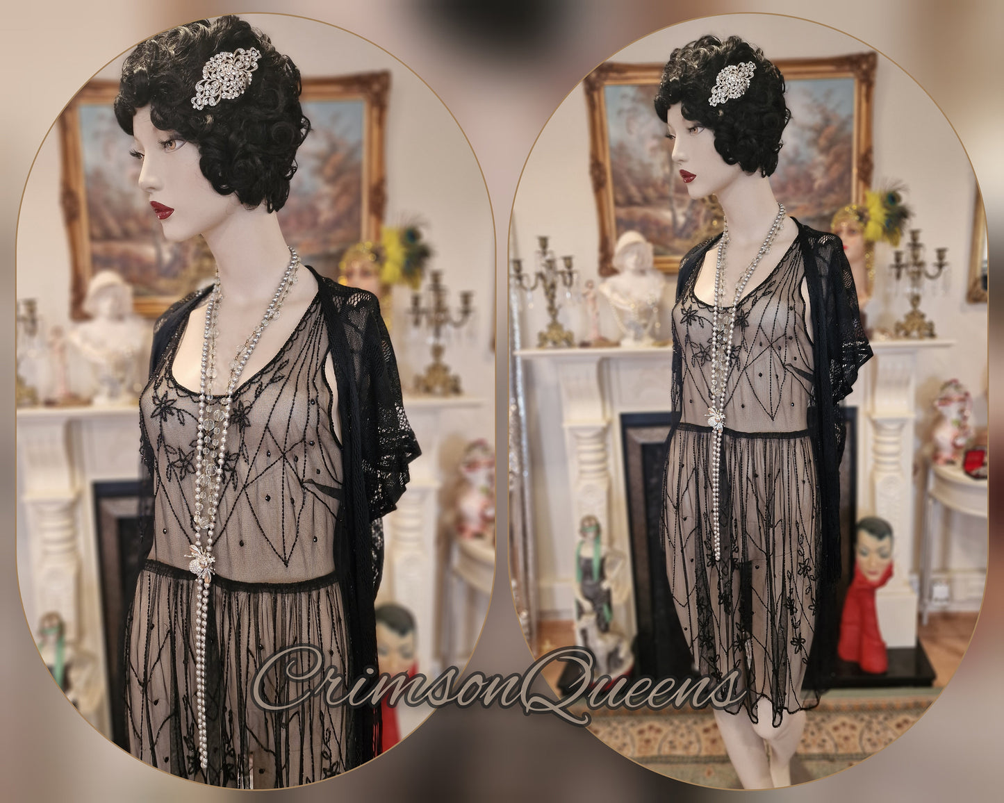 Vintage Downton Abbey Great Gatsby black beaded sheer mesh dress 1920s flapper ensemble with Art Deco lace duster size UK 10 12 US 6 8
