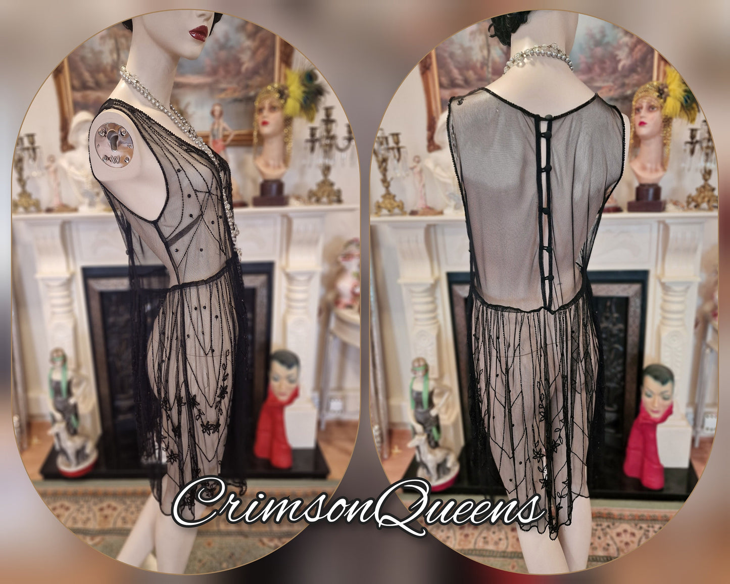 Vintage Downton Abbey Great Gatsby black beaded sheer mesh dress 1920s flapper ensemble with Art Deco lace duster size UK 10 12 US 6 8