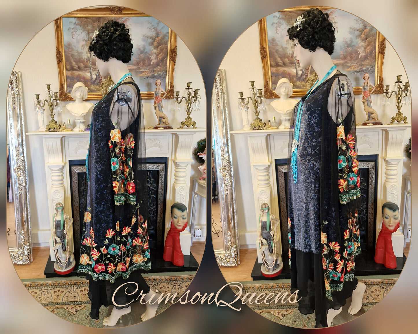 Vintage black 1920s flapper sheer mesh beautifully embroidered net long coat duster size UK 10 12 14 18 20 US 6 8 12