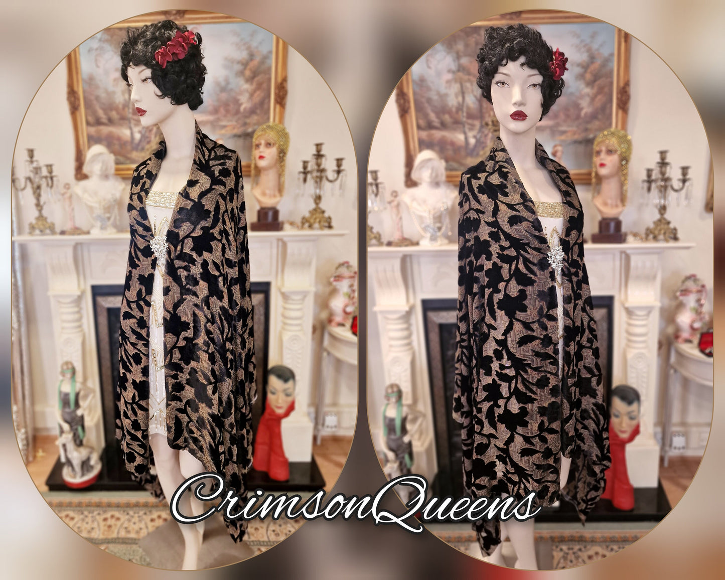 Vintage burgundy black silver oriental Art Deco silk devore damaks statement duster 1920s piano flapper wrap shawl