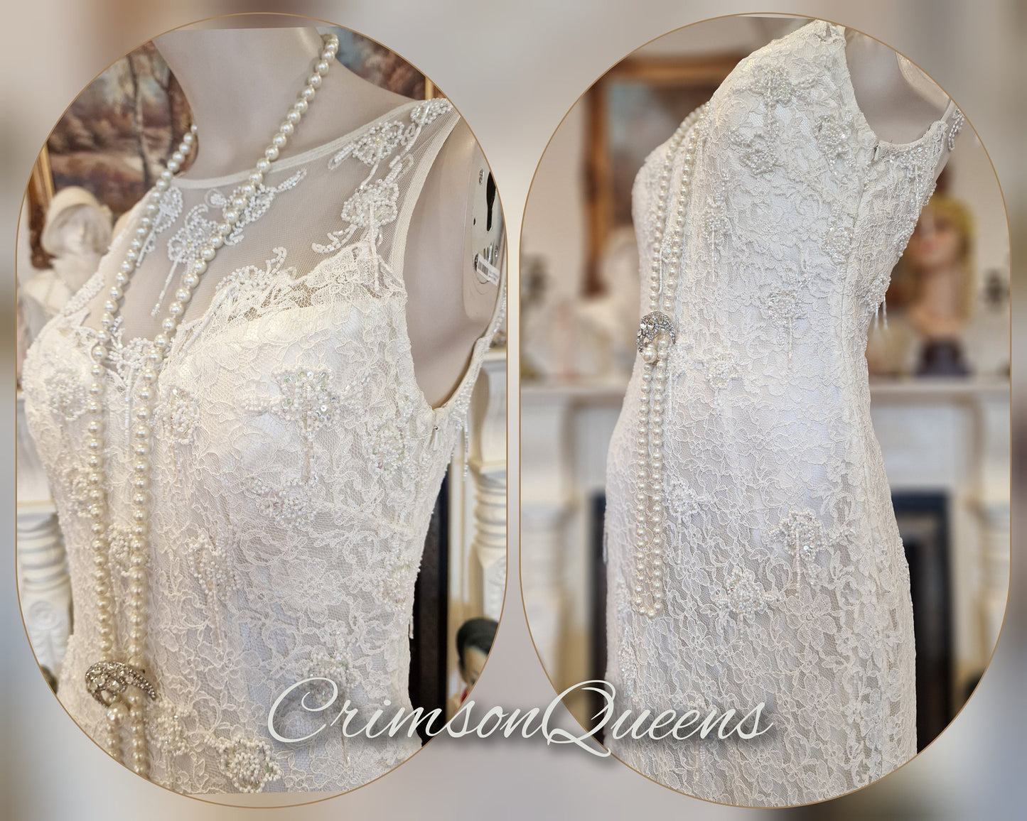 Art Deco vintage 1920s Downton Abbey bride off-white wedding bridal dress beaded flapper 100% silk Great Gatsby size UK 8 10 US 4 6