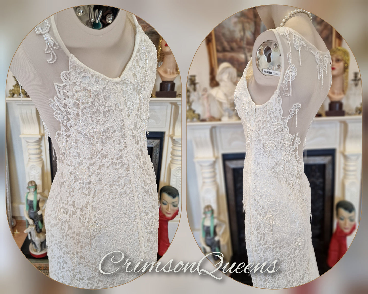 Art Deco vintage 1920s Downton Abbey bride off-white wedding bridal dress beaded flapper 100% silk Great Gatsby size UK 8 10 US 4 6