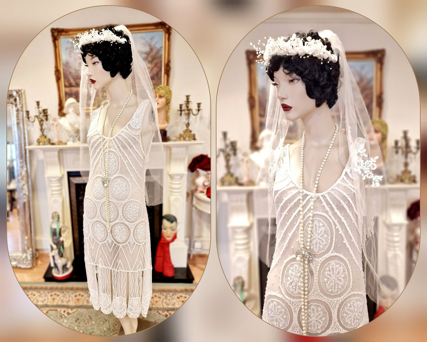 1920's Bride White Wedding Bridal Dress Fully Beaded Flapper Great Gatsby Charleston Jazz Era Prohibition Size UK 6 US 10