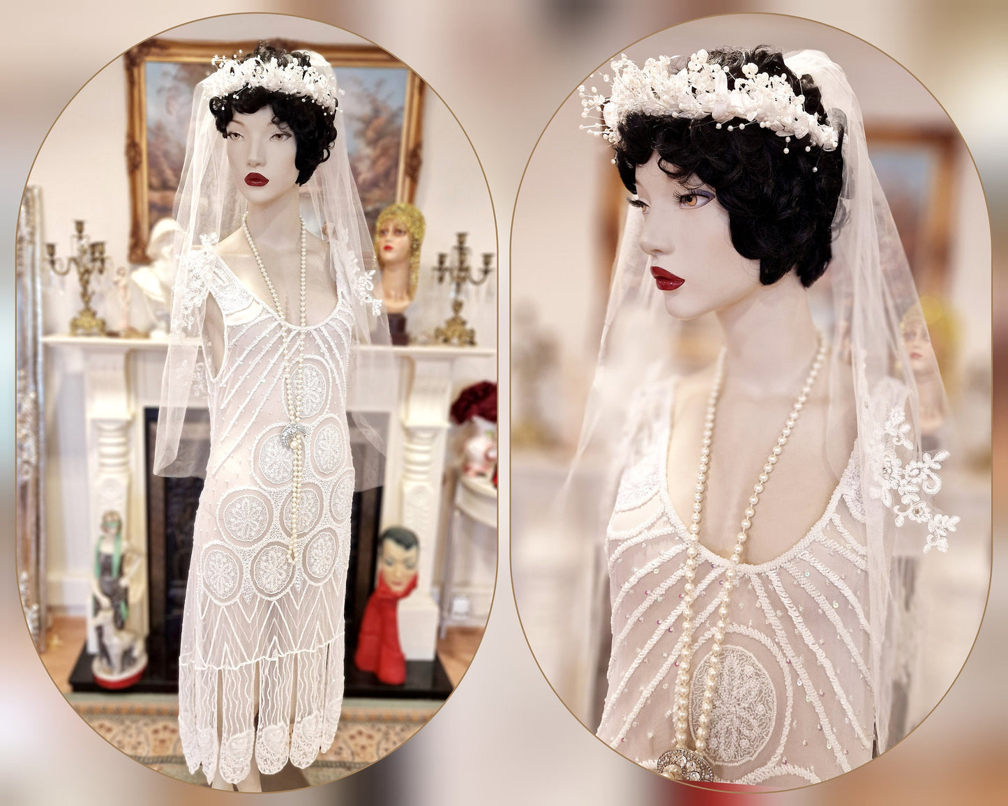1920's Bride White Wedding Bridal Dress Fully Beaded Flapper Great Gatsby Charleston Jazz Era Prohibition Size UK 6 US 10