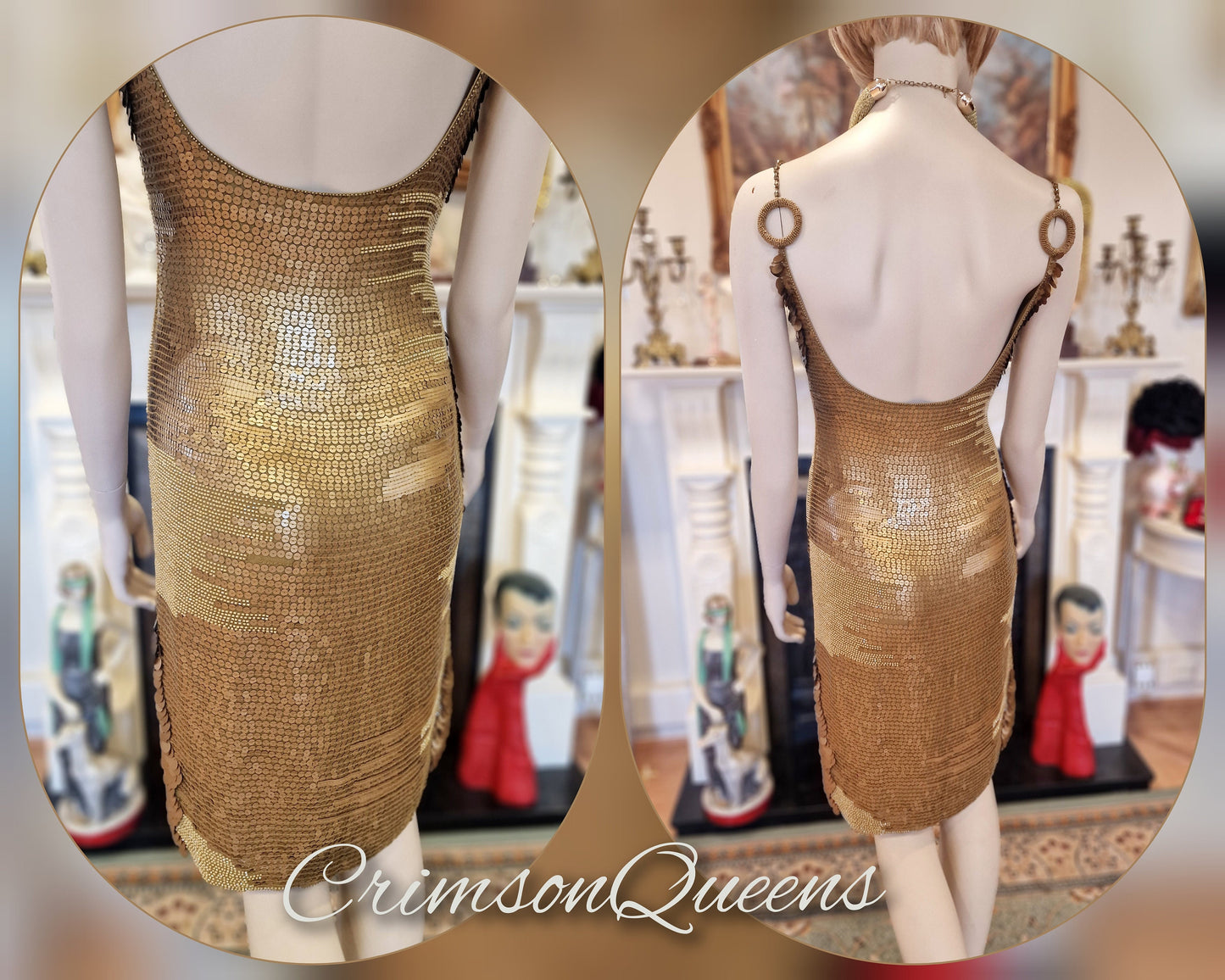 Vintage Flapper gold dress, Downton Abbey 1920s dress, Great Gatsby sparkly heavily sequinned shell flapper dress UK 6 US 2