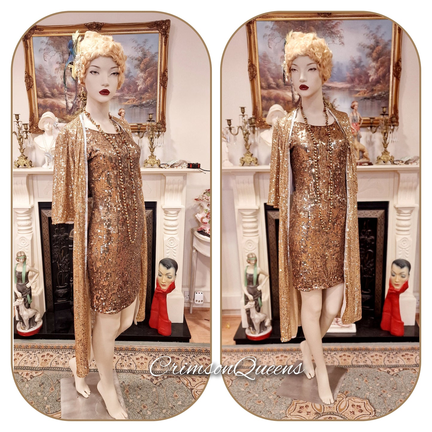 1920s vintage Downton Abbey flapper sequinned mesh gold sparkly bohemian coat kimono duster dress size S UK 8 US 2 4