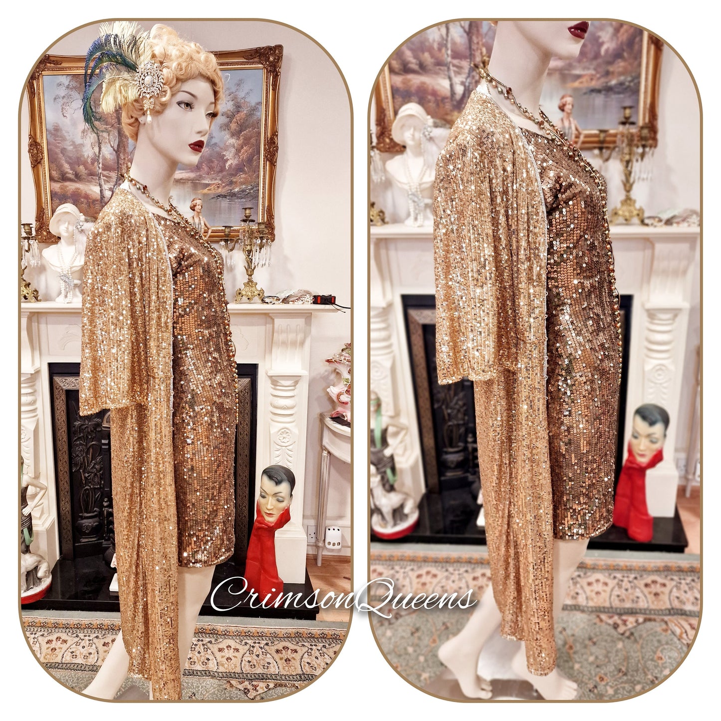 1920s vintage Downton Abbey flapper sequinned mesh gold sparkly bohemian coat kimono duster dress size S UK 8 US 2 4