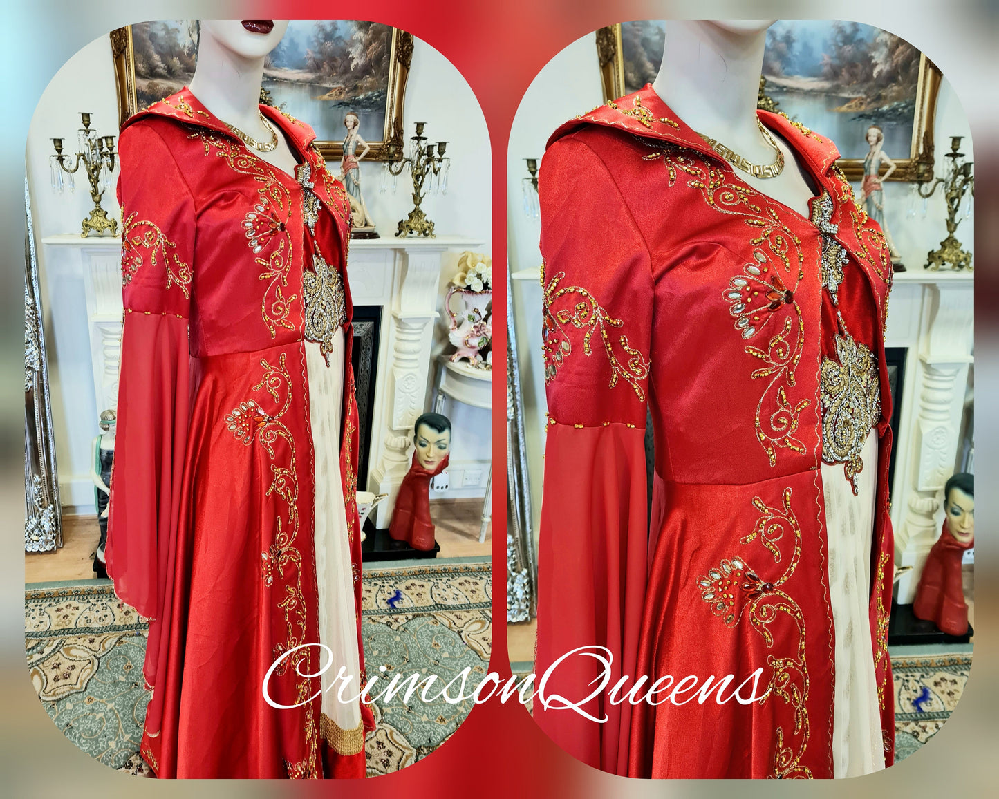 Bohemian romantic gypsy medieval  vintage scarlet red embellished beaded evening ballgown floor dress with matching long coat size UK 8 US 4