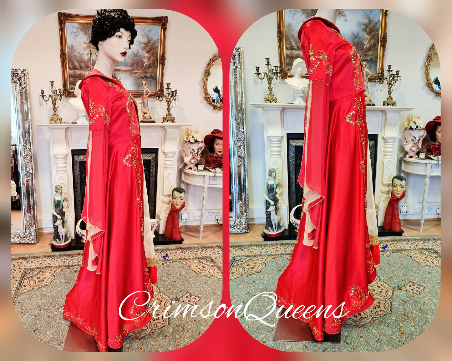 Bohemian romantic gypsy medieval  vintage scarlet red embellished beaded evening ballgown floor dress with matching long coat size UK 8 US 4