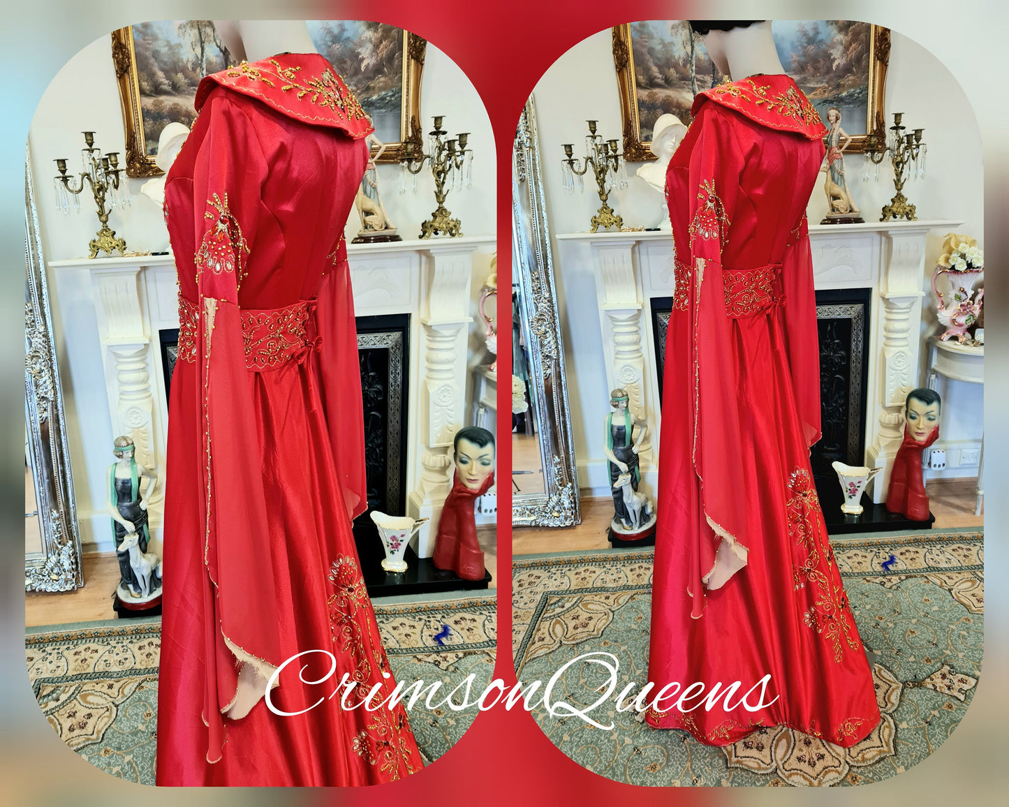 Bohemian romantic gypsy medieval  vintage scarlet red embellished beaded evening ballgown floor dress with matching long coat size UK 8 US 4