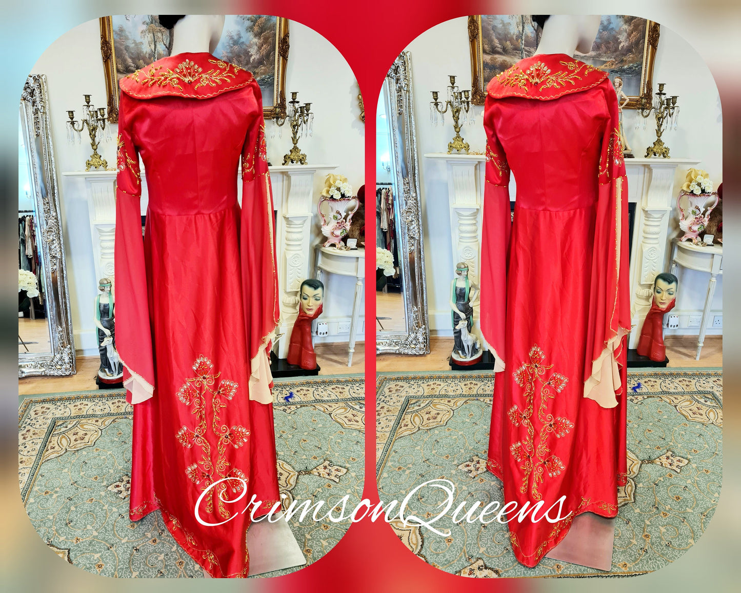Bohemian romantic gypsy medieval  vintage scarlet red embellished beaded evening ballgown floor dress with matching long coat size UK 8 US 4