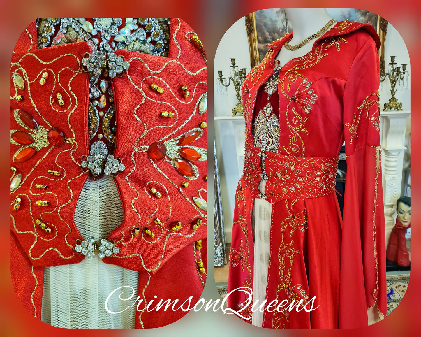 Bohemian romantic gypsy medieval  vintage scarlet red embellished beaded evening ballgown floor dress with matching long coat size UK 8 US 4