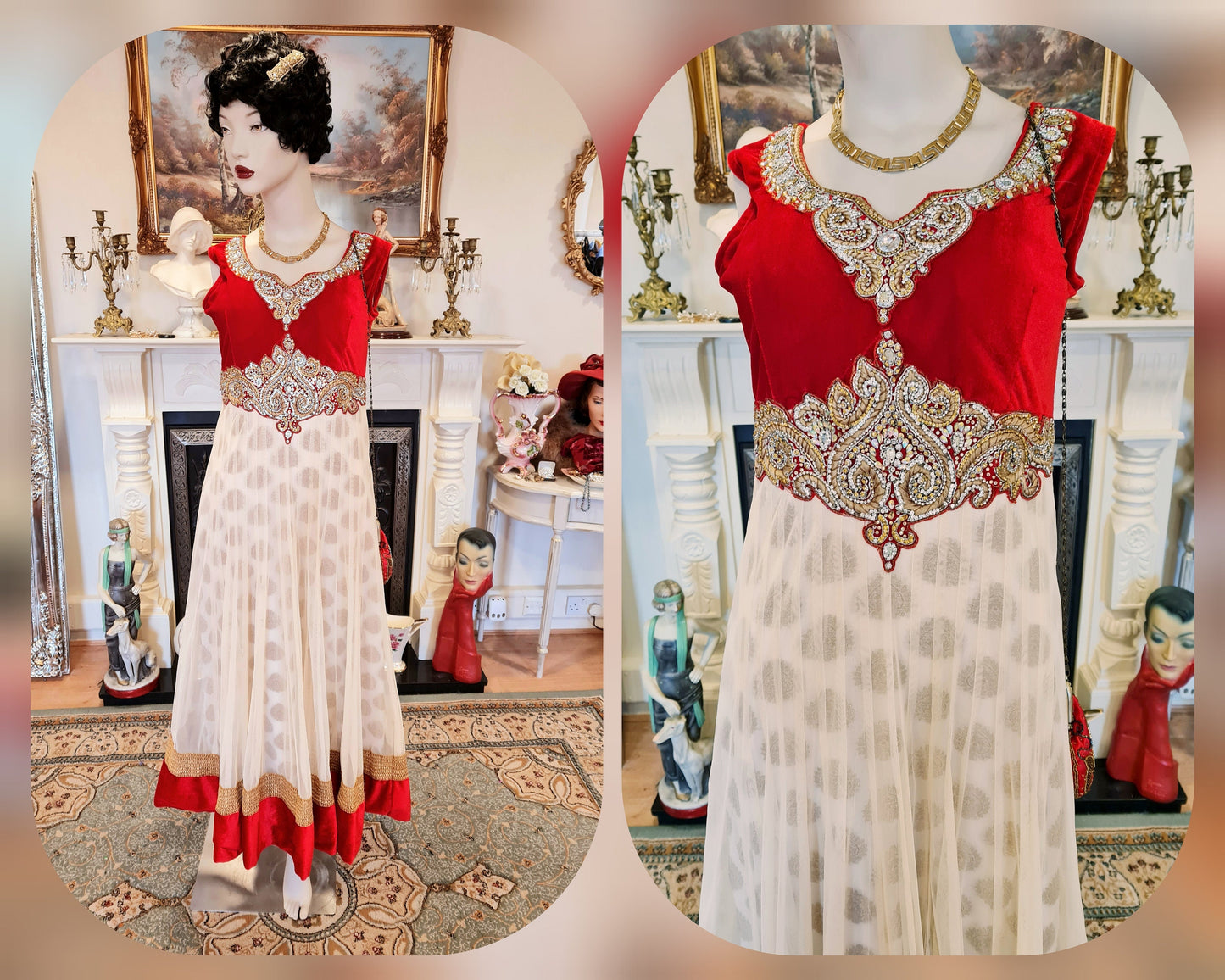 Bohemian romantic gypsy medieval  vintage scarlet red embellished beaded evening ballgown floor dress with matching long coat size UK 8 US 4