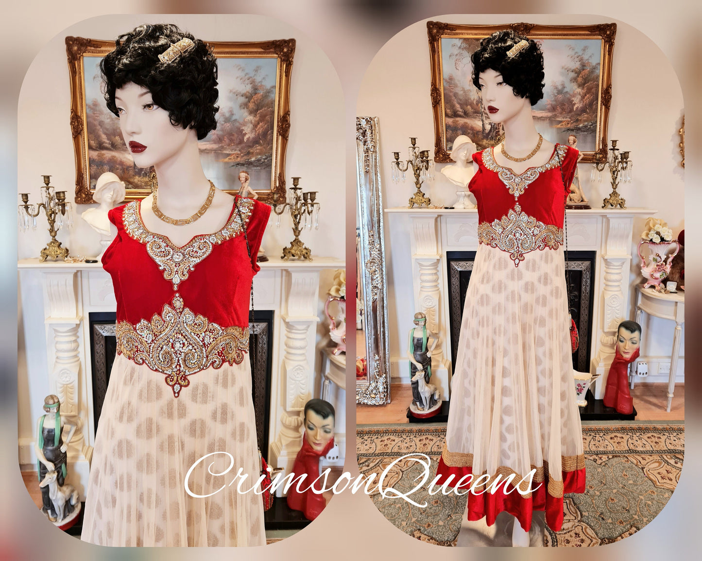 Bohemian romantic gypsy medieval  vintage scarlet red embellished beaded evening ballgown floor dress with matching long coat size UK 8 US 4