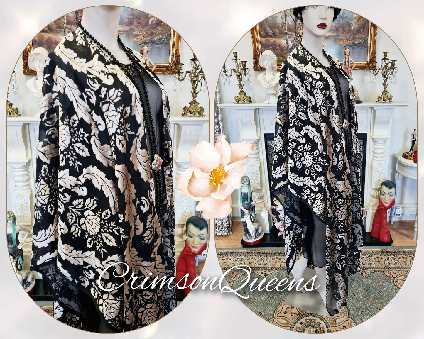 Vintage black silver oriental Art Deco silk Devore damask statement duster 1920s piano flapper wrap shawl