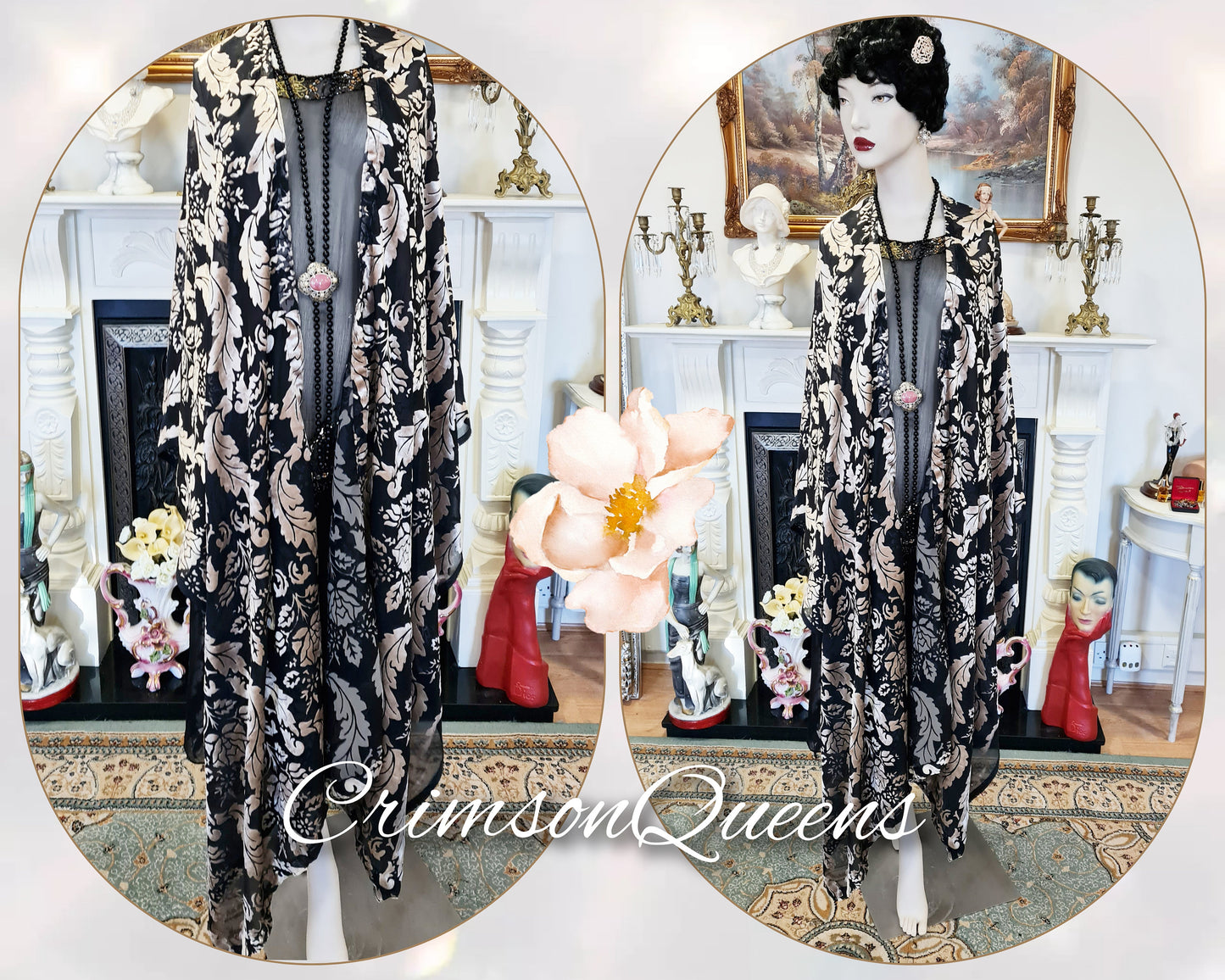 Vintage black silver oriental Art Deco silk Devore damask statement duster 1920s piano flapper wrap shawl