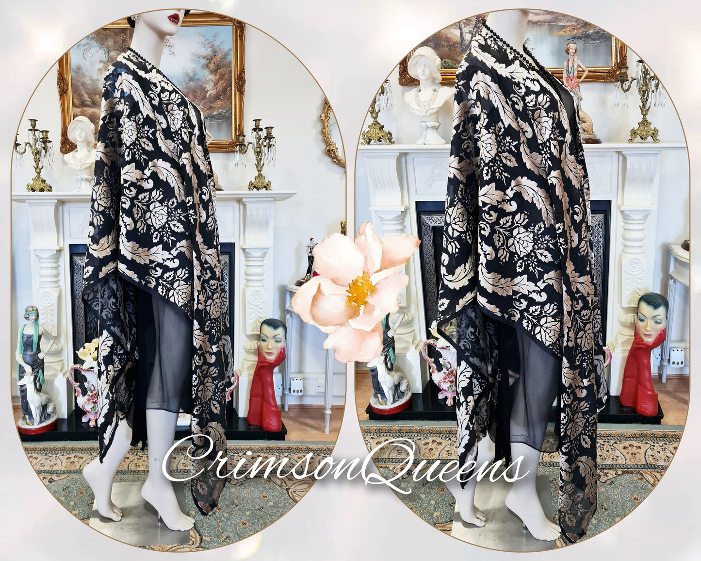 Vintage black silver oriental Art Deco silk Devore damask statement duster 1920s piano flapper wrap shawl