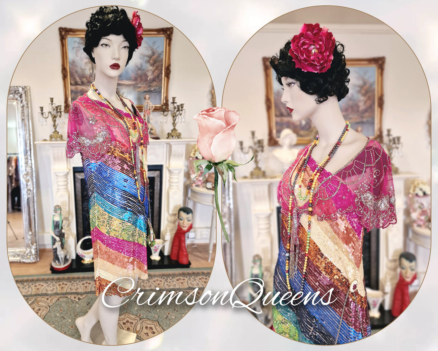 Vintage silk 1920s flapper silk Downton Abbey Great Gatsby beaded turquoise ocean blue embellished evening gown dress Size UK 16 US 12