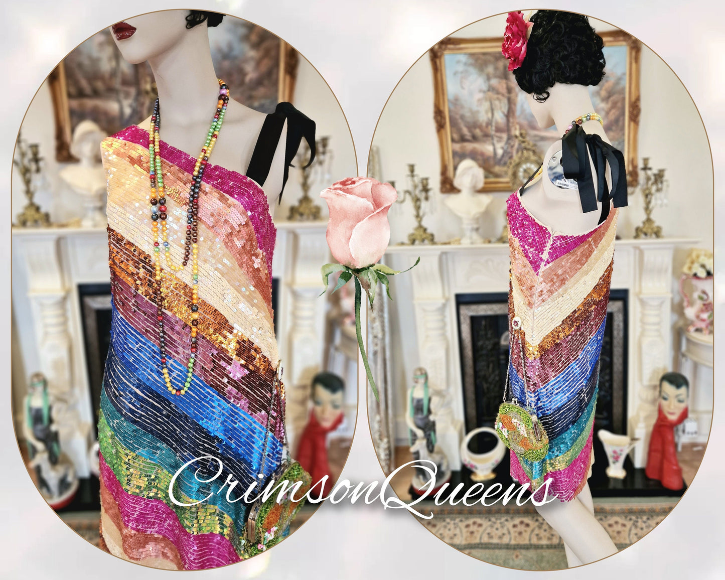 Vintage silk 1920s flapper silk Downton Abbey Great Gatsby beaded turquoise ocean blue embellished evening gown dress Size UK 16 US 12