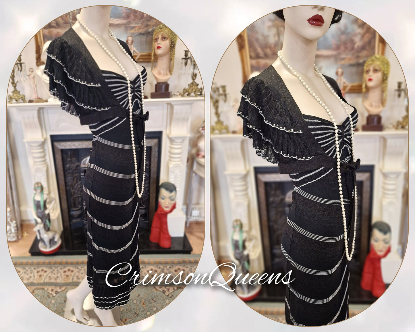 Art Deco Great Gatsby flapper navy blue nautical silver 1920's vintage flapper day dress size UK 8 10 US 4 6