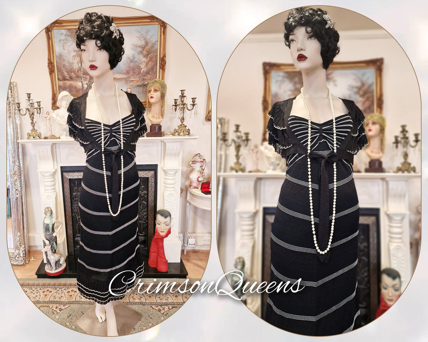 Art Deco Great Gatsby flapper navy blue nautical silver 1920's vintage flapper day dress size UK 8 10 US 4 6