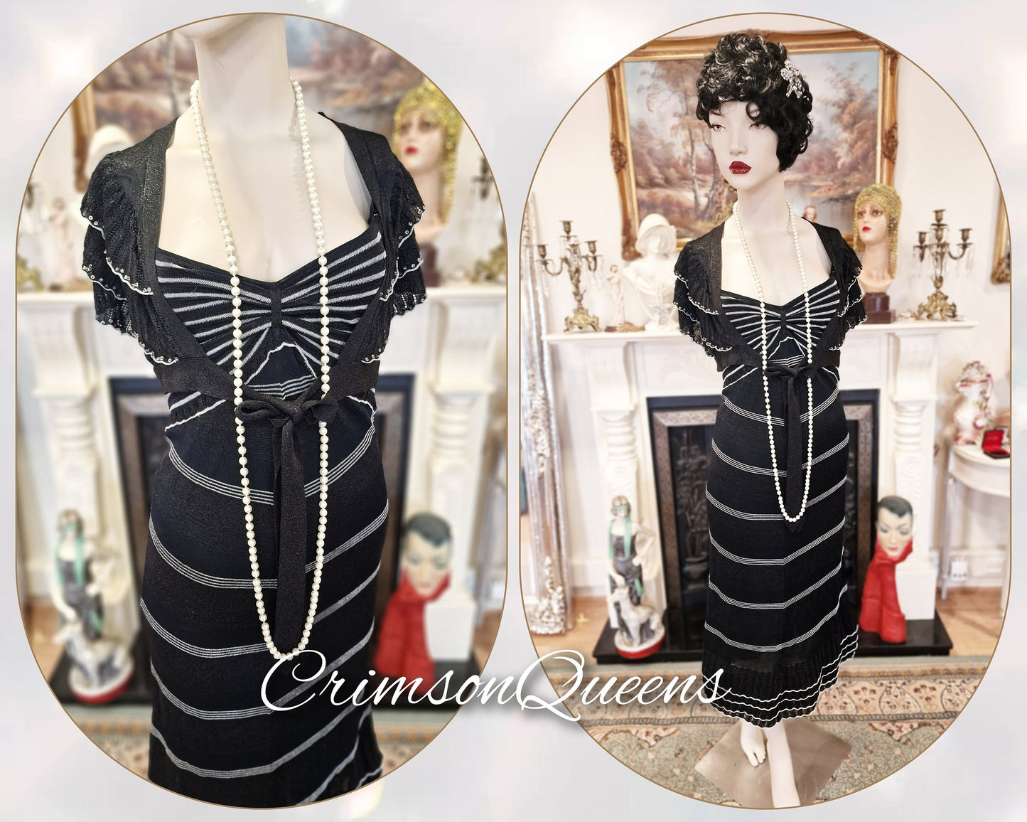 Art Deco Great Gatsby flapper navy blue nautical silver 1920's vintage flapper day dress size UK 8 10 US 4 6