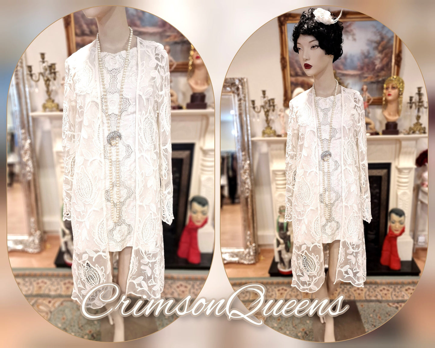 Art Deco Vintage 1920s 1970s Lace Beaded Downton Abbey Great Gatsby flapper wedding dress size UK 6 US 2