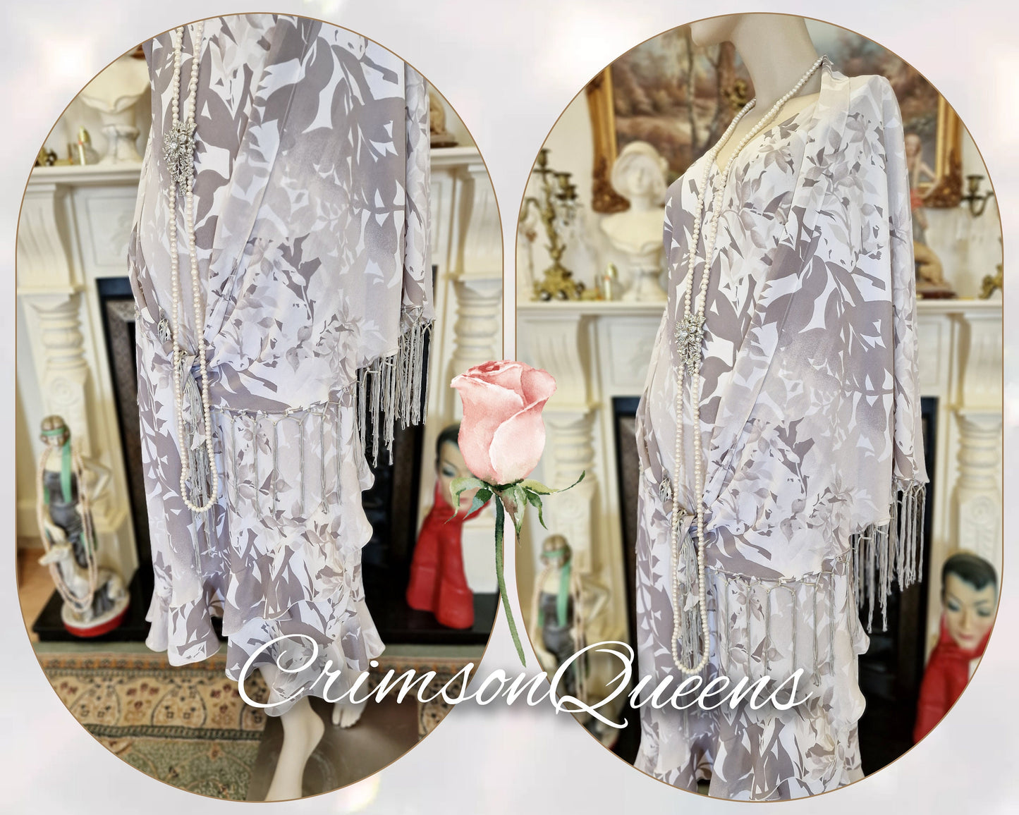 Vintage Great Gatsbybeige dusty pink tiered frill romantic 1920s flapper Downton Abbey dress and piano tassel shawl set size UK 14 US 10