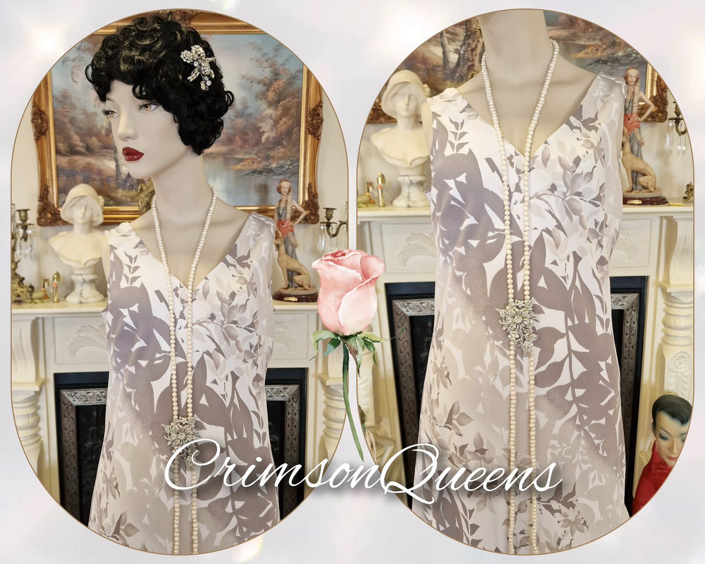 Vintage Great Gatsbybeige dusty pink tiered frill romantic 1920s flapper Downton Abbey dress and piano tassel shawl set size UK 14 US 10