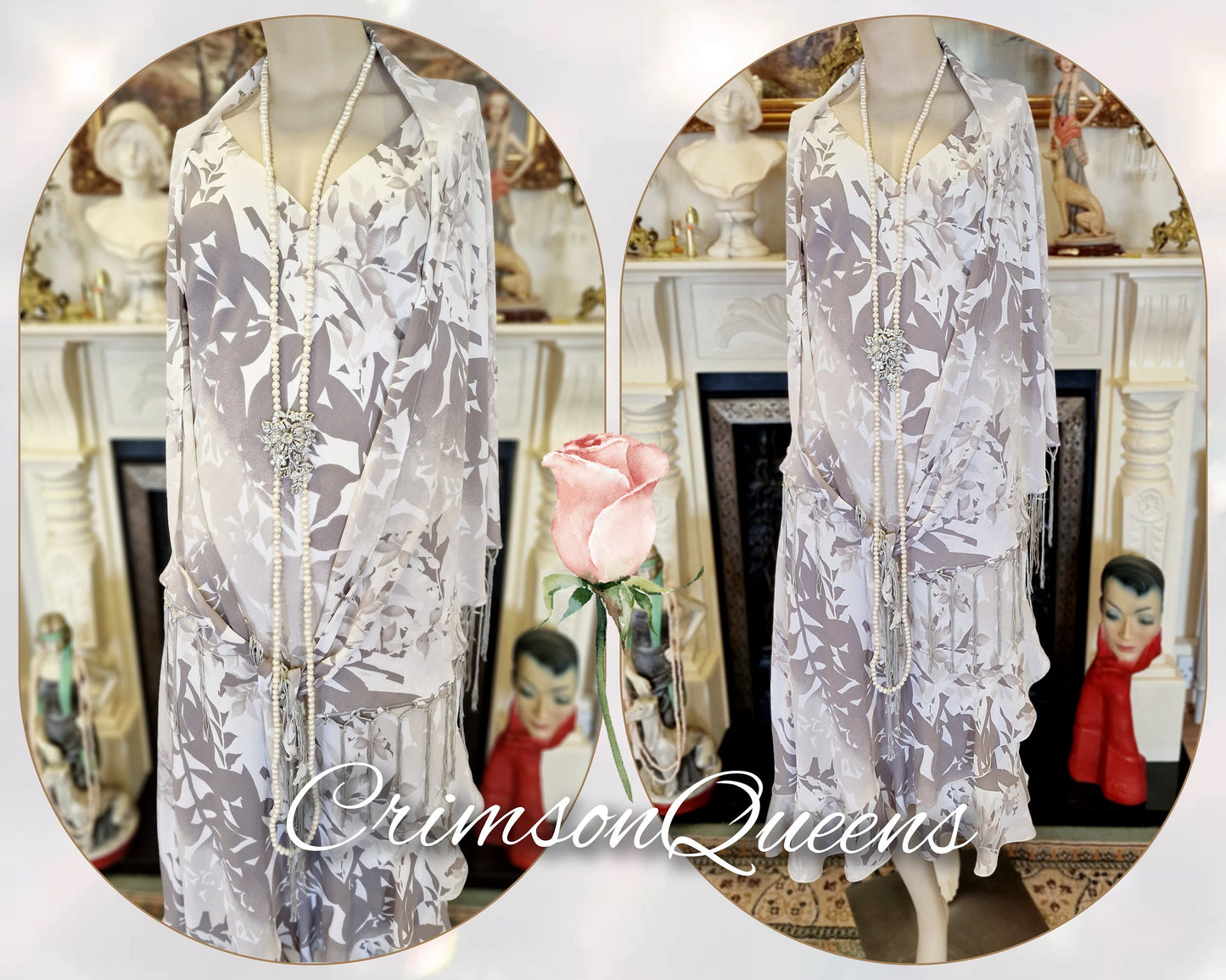 Vintage Great Gatsbybeige dusty pink tiered frill romantic 1920s flapper Downton Abbey dress and piano tassel shawl set size UK 14 US 10