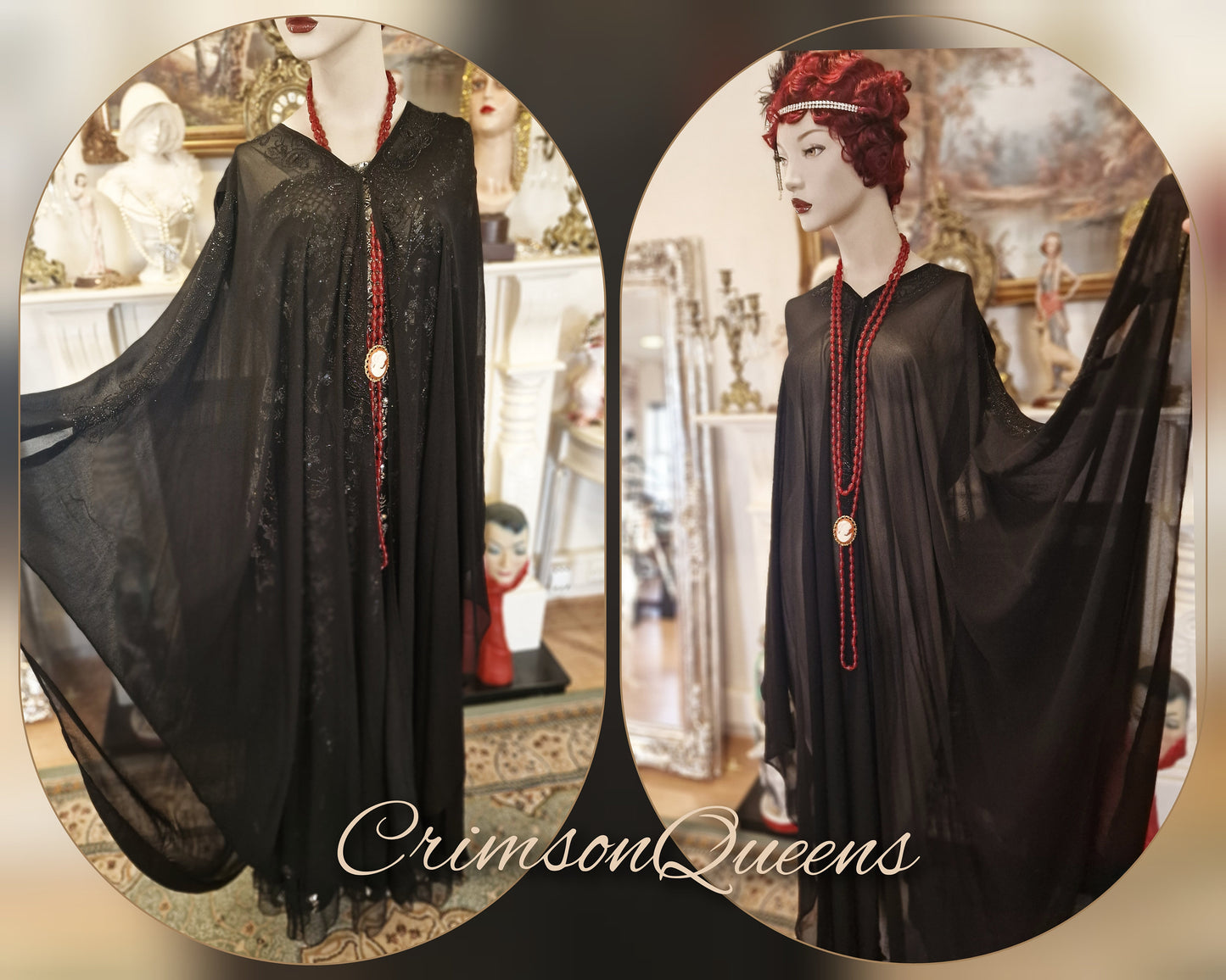 Vintage sheer black Art Deco Maxi 1920s flapper long jacket duster coat black beaded embellishments size UK 18 20 22 24 US 14 16 18 20
