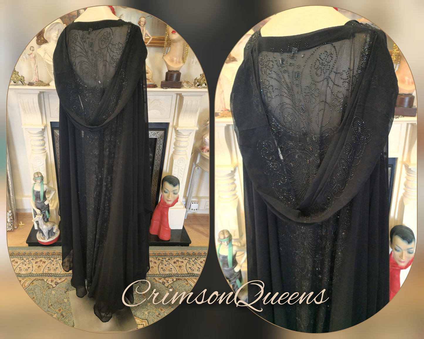 Vintage sheer black Art Deco Maxi 1920s flapper long jacket duster coat black beaded embellishments size UK 18 20 22 24 US 14 16 18 20