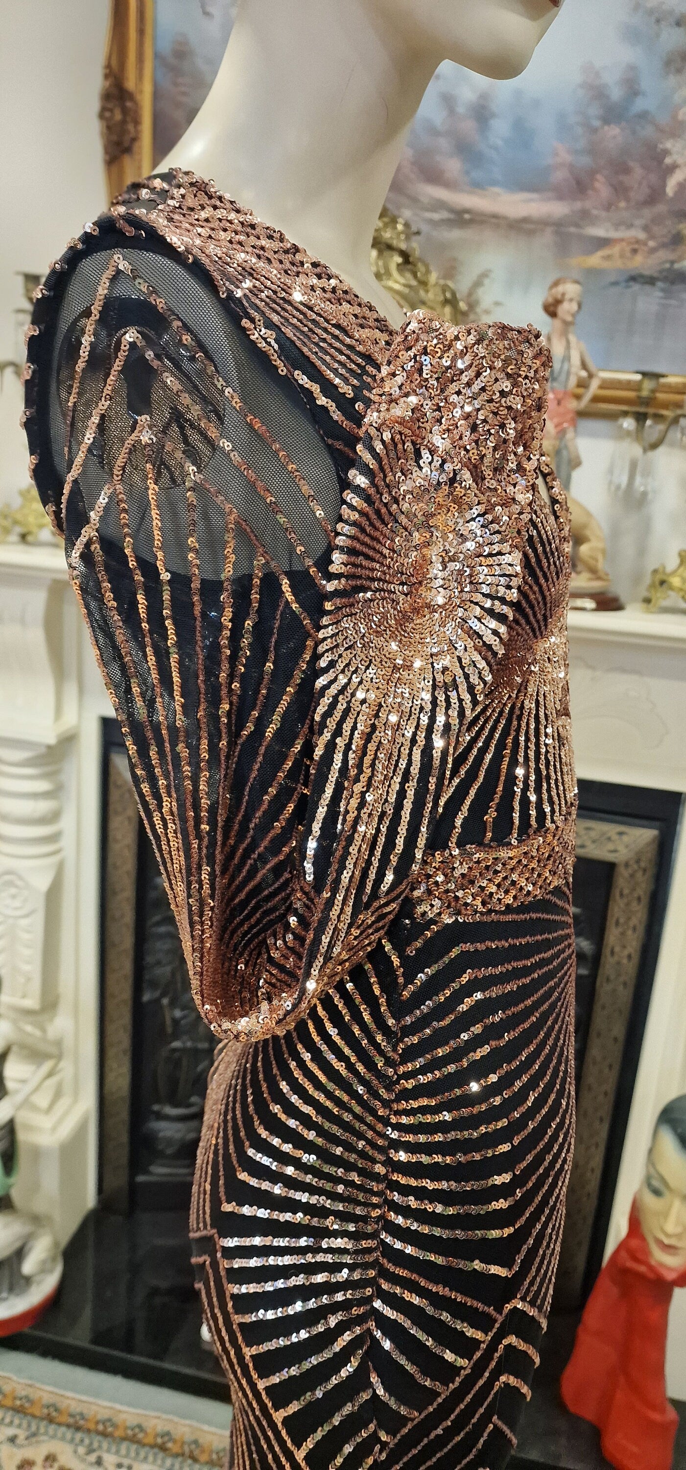 Marlene Dietrich Downwton Abbey Great Gatsby flapper shimmery gold black maxi floor length evening formal dress gown size UK 6 8 US 2 4