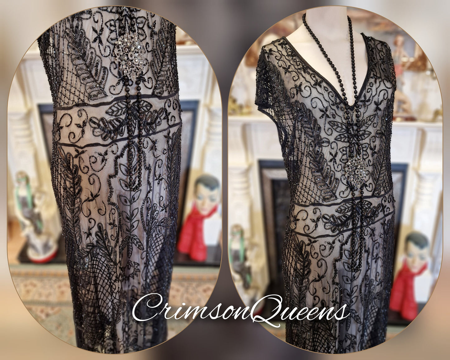 Vintage Downton Abbey Great Gatsby black beaded sheer mesh dress 1920s flapper ensemble with Art Deco lace duster size UK 10 12 US 6 8